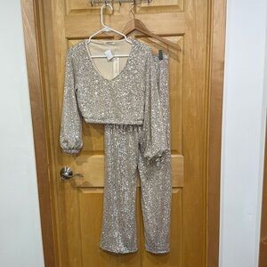 Mebon by machine jeans 2pc pant set champagne sequin size S